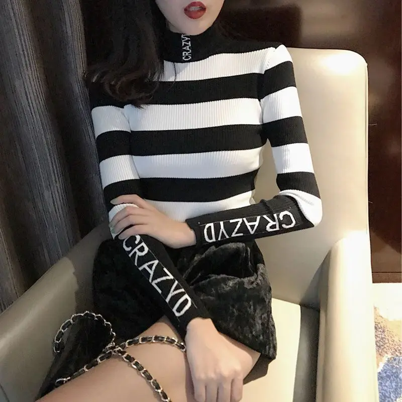 2023 Autumn Winter Women\'s Korean Fashion Striped Slim Basic Knitwear Female Half High Collar Long Sleeve Pullover Tops Jumpers