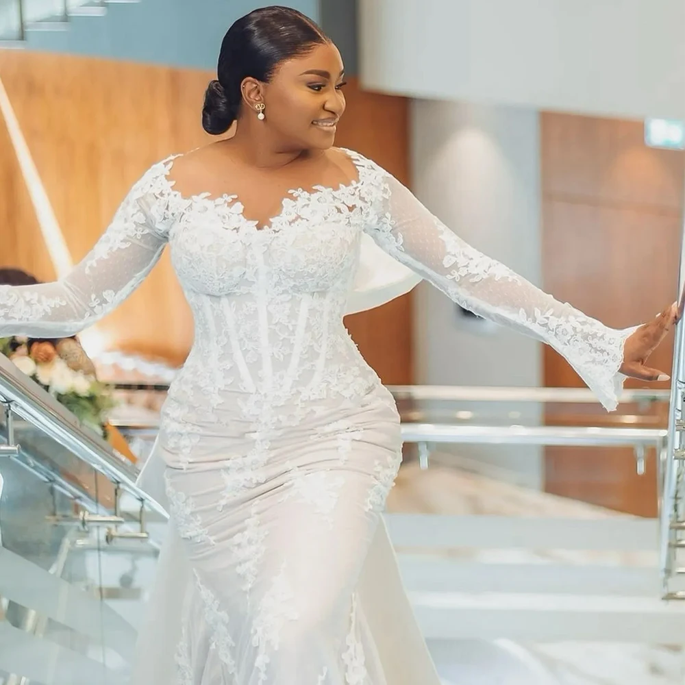 Vintage Zeemeermin Trouwjurken Doorschijnende Hals Lange Mouw Bruidsjurk Vlinderdas Trein Kanten Appliques Robe De Mariage Voor Bruid