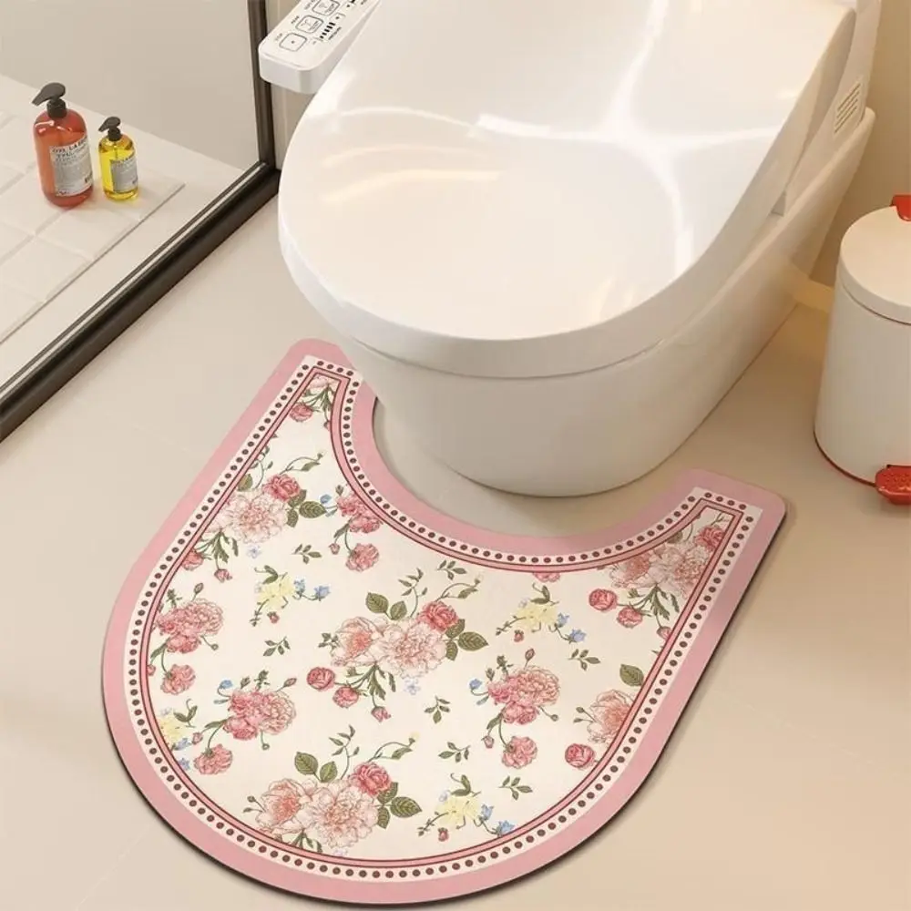 Retro Absorbent U-Shaped Toilet Mat Non Slip Diatomaceous Earth Floral Bathroom Rug Durable Stain Resistant Toilet Pad Restroom