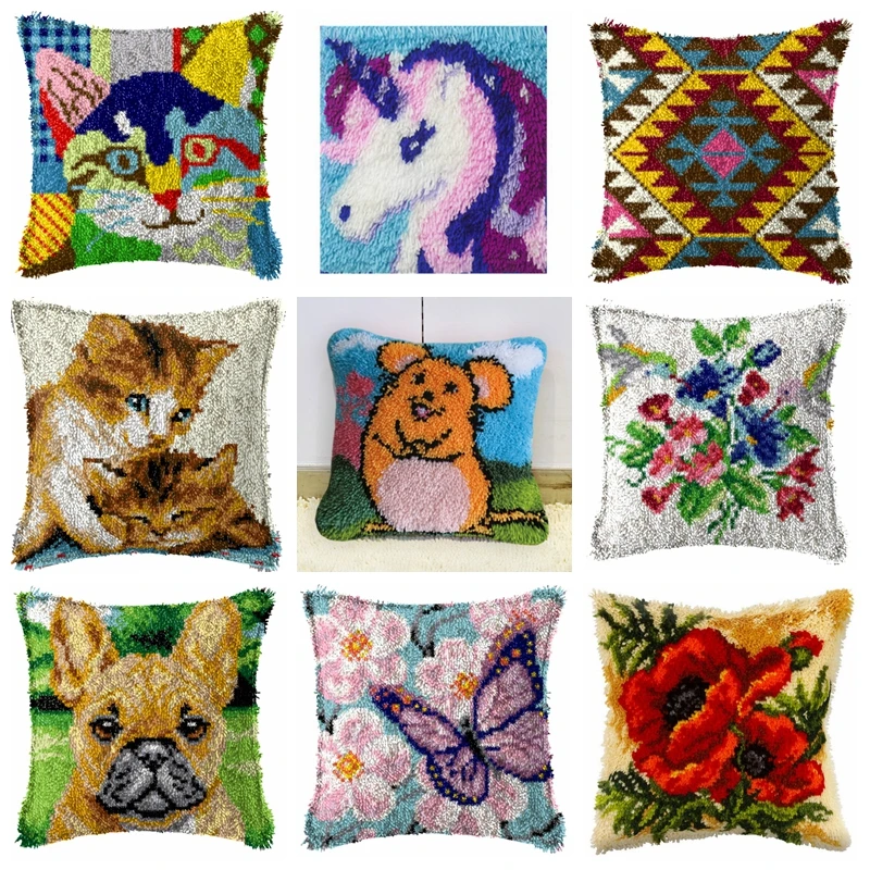 Analyste de point de croix pour broderie de tapis, loquet de dessin animé, crochet lea, oreiller animal chat, bricolage grossier, coussin, taie d'oreiller patchwork