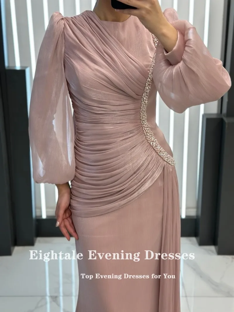 Eightale Abito da sera arabo O-Collo Pieghe Crepe Personalizzato Perline lucide Lunghezza pavimento Sirena Rosa Abito da cerimonia nuziale da ballo