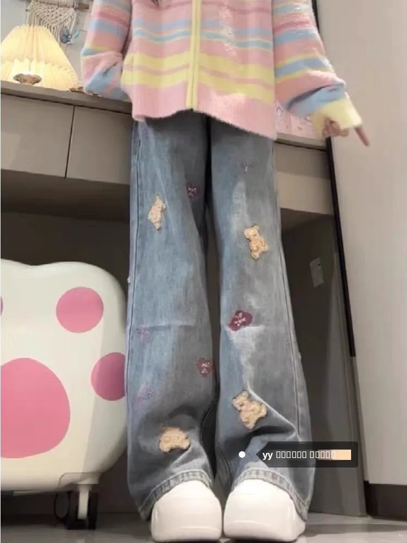 

Широкие джинсы с вышивкой в стиле ретро, американский медведь, женские зимние свободные брюки для похудения, прямые брюки длиной до пола