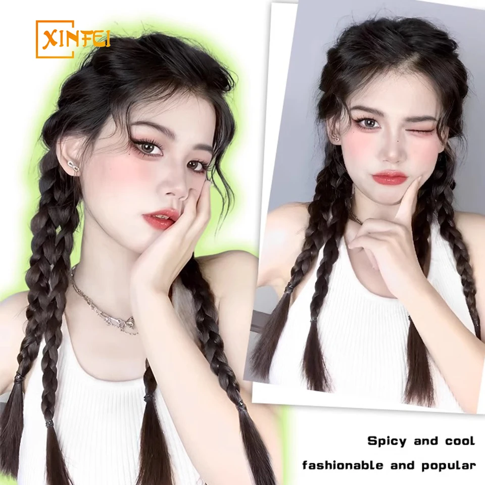 High-temperature Fiber Braid Hair Women\'s Synthetic Sweet And Cool Braid Fluffy And Natural Long Straight Hair Double Ponytail