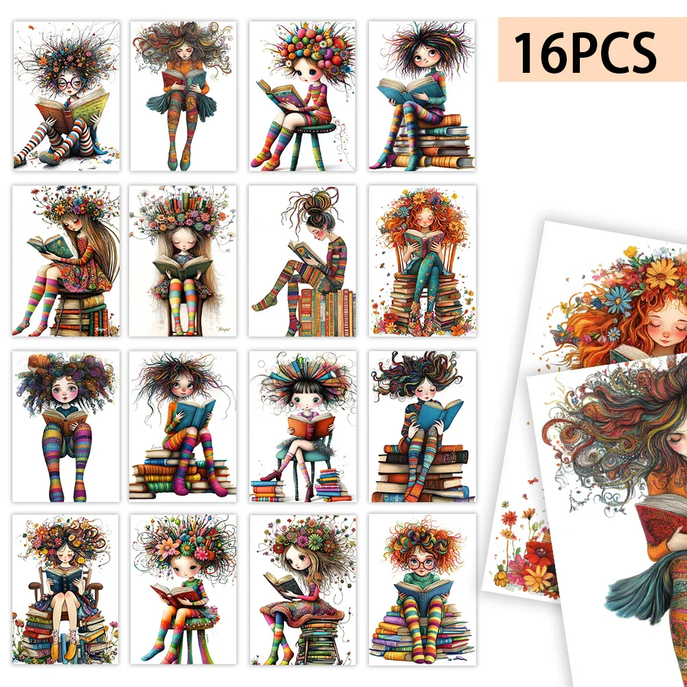 

16pcs Flowery Reading Girl Postcards, New Year Gift, Christmas Gift, Living Room Decor, Bedroom Decor, High-Quality Cards