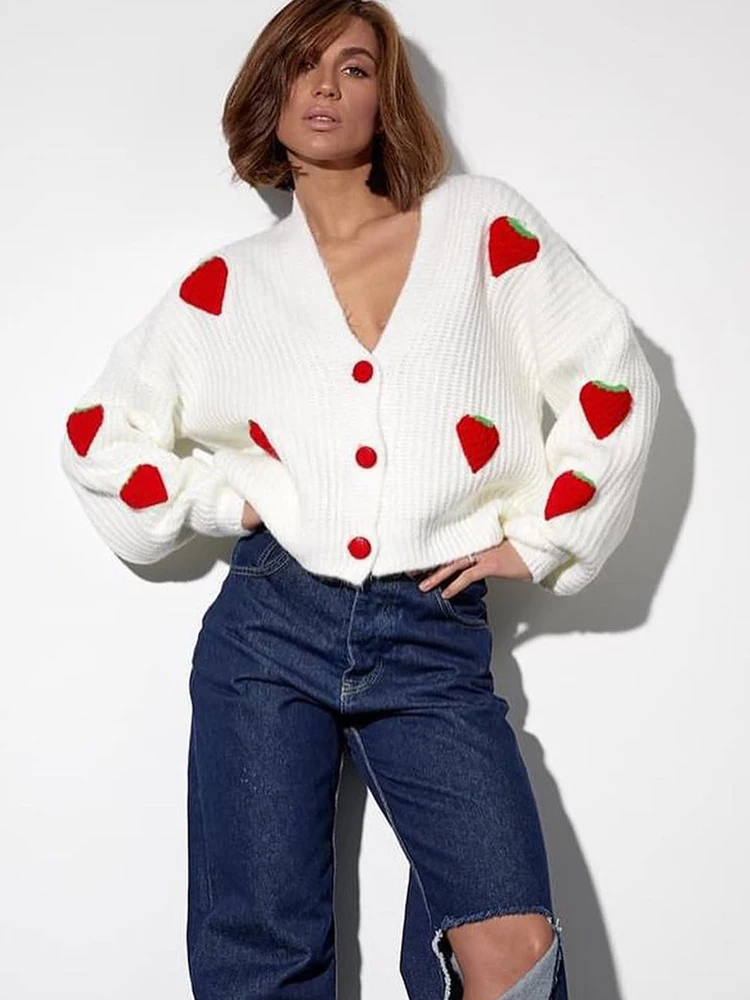 Sweet Strawberry Embroidery Cardigans Women Autumn Winter New V Neck Single Breasted  Lantern Sleeve Knitted Tops Loose Sweaters