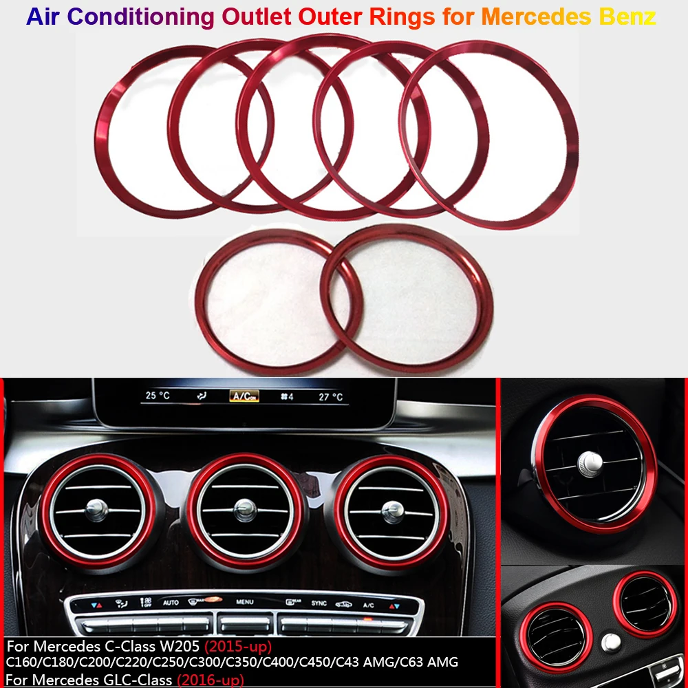 

7Pcs Red Car AC Air Vent Outlet Outer Circles Frame Cover Trim For Mercedes Benz C GLC W205 C253 X253 Interior Decorative Rings