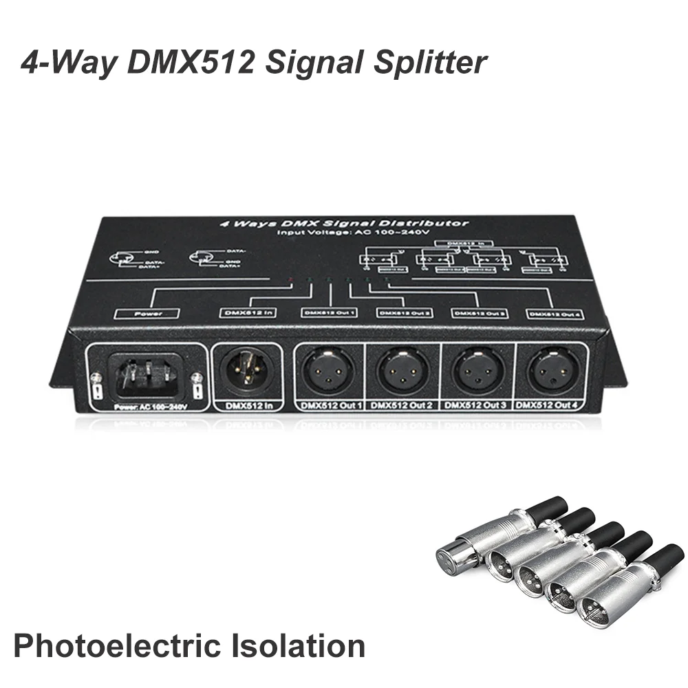 Splitter amplificatore DMX512, ripetitore segnale DMX, 4 vie 4 porte di uscita distributore segnale DMX