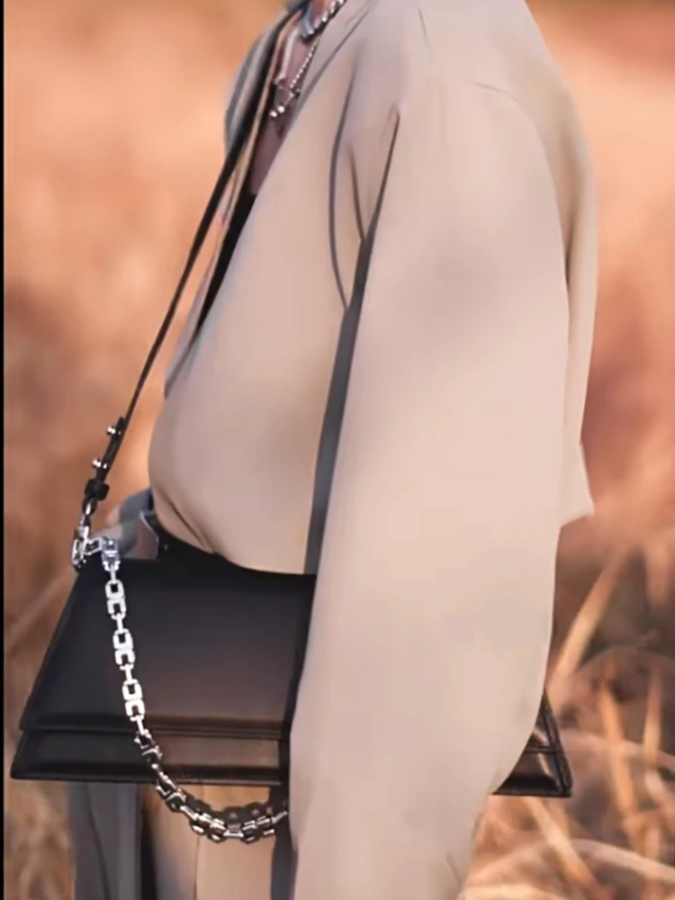 Black Fashion Thick Chains Long Genuine Leather Tote Bag\Handbag Women Real Leather Simple Lady Shoulder Crossbody Bag