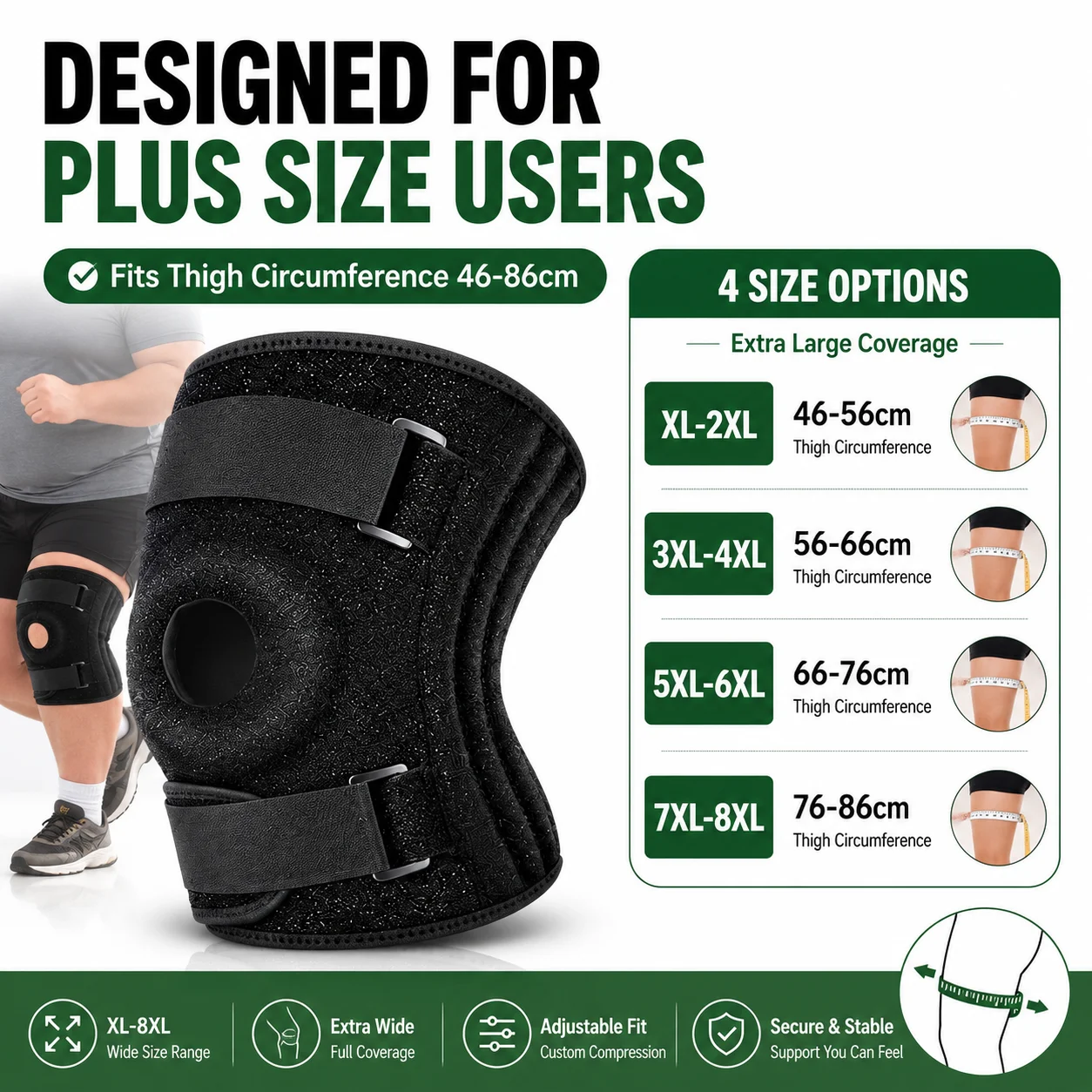 Übergröße Kniebandage XL-8XL, Extra Große Verstellbare Knieunterstützung mit Patella-Stabilisator, Kompressionsbandage zum Laufen und Gehen – Detail 2