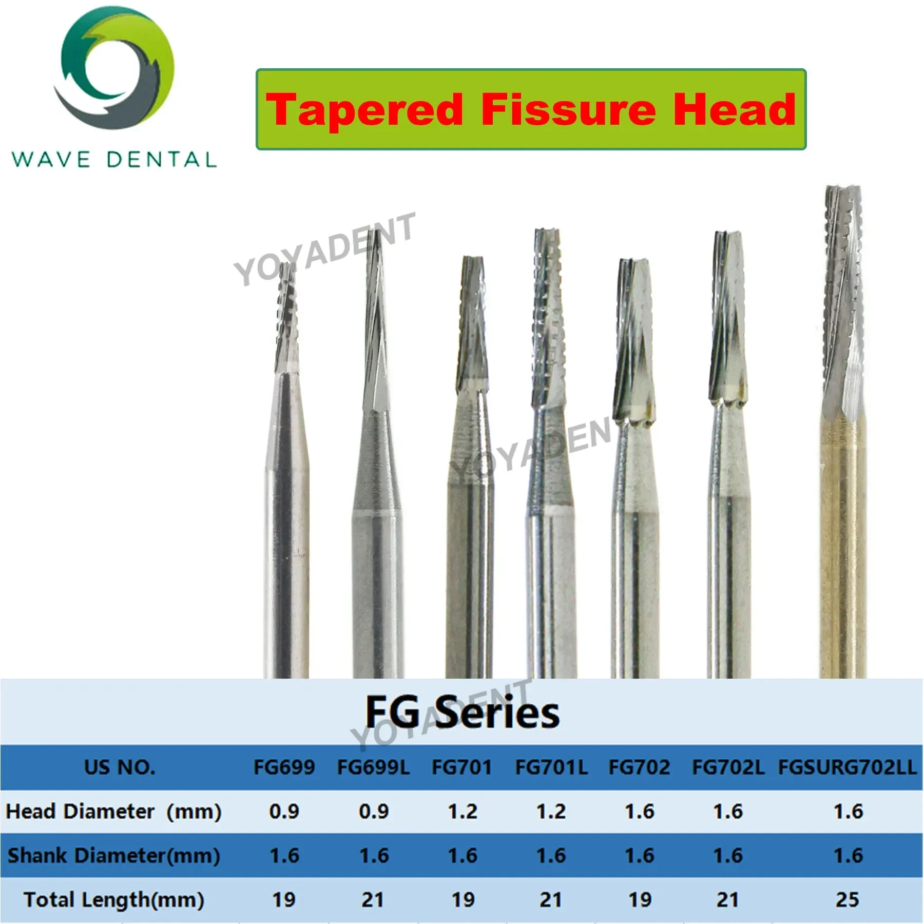 PRIMA WAVE Dental Tungsten Carbide Burs Dentistry Drill Tapered Fissure Cross Cut Long Head Fit High Speed Turbine Handpiece