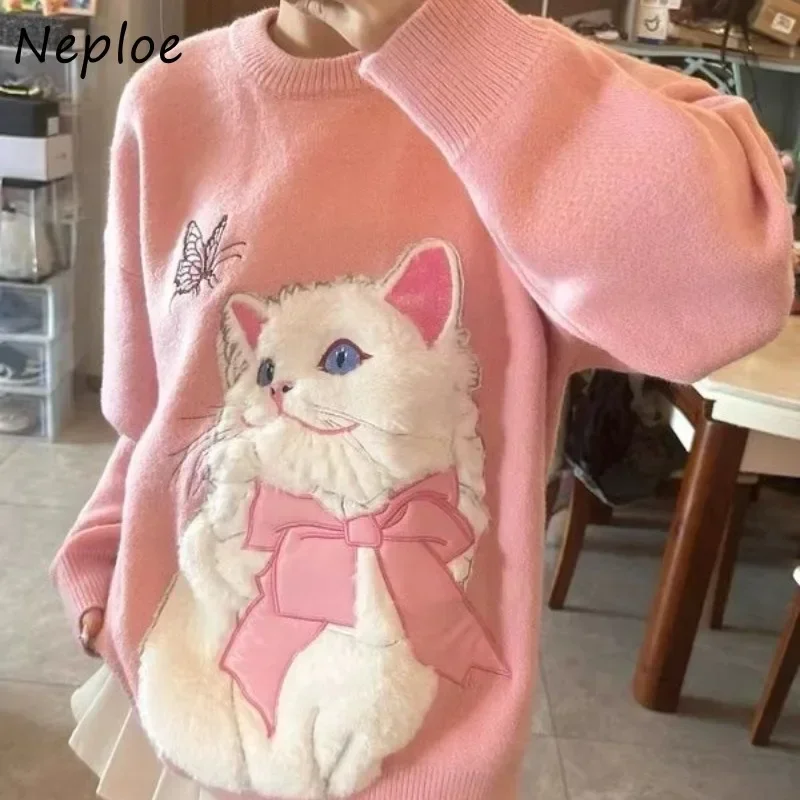 Suéteres de gato Kawaii doce Neploe feminino, pulôveres quentes espessados, comprimento médio, menina Y2K, rosa, outono, novo, 2024