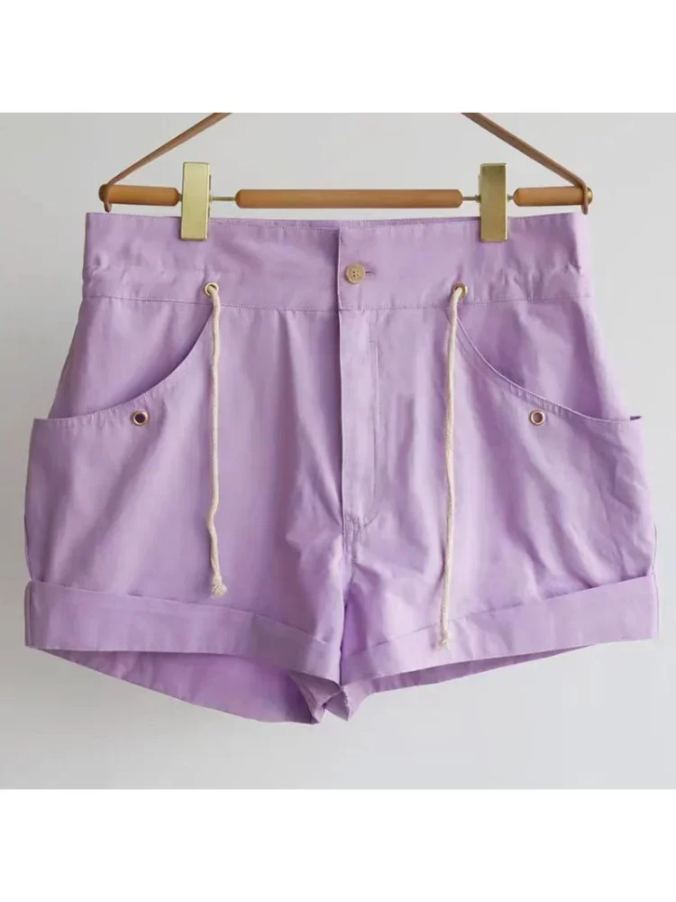 Shorts de algodão de cintura alta, bolsos grandes, cor sólida, botão frontal com cordão, shorts básicos, roxo, preto, roupas femininas de verão