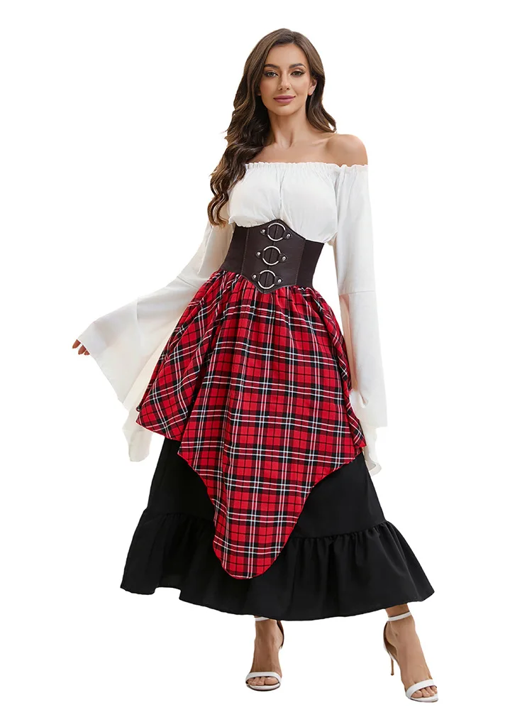 Summer women's retro medieval large skirt with red and white checkered irregular half skirt, long skirt, top, waist cinching set