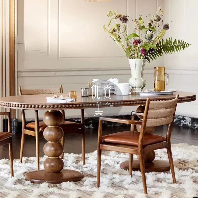 

A American rural retro solid wood dining table Roman column oval coffee table carving multi-person design dining table B & B