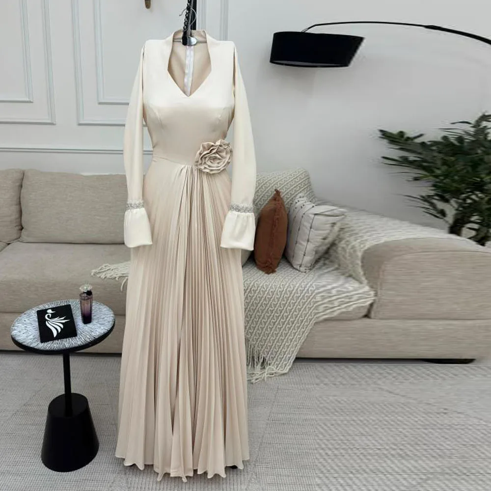 

Customized Satin Evening Dresses with Full Sleeve V Neck A Line Long Formal Party Gown Handmade Flower Pleated Fall Outfits