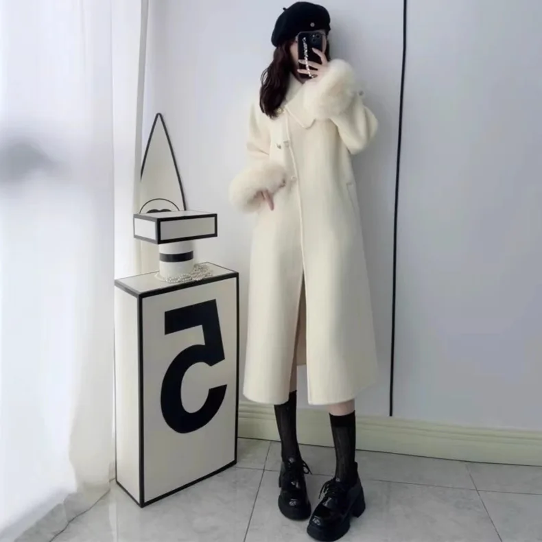 Fox fur, rich daughter, double-sided cashmere coat, women's high-end Korean wool tweed jacket, small man lengthened