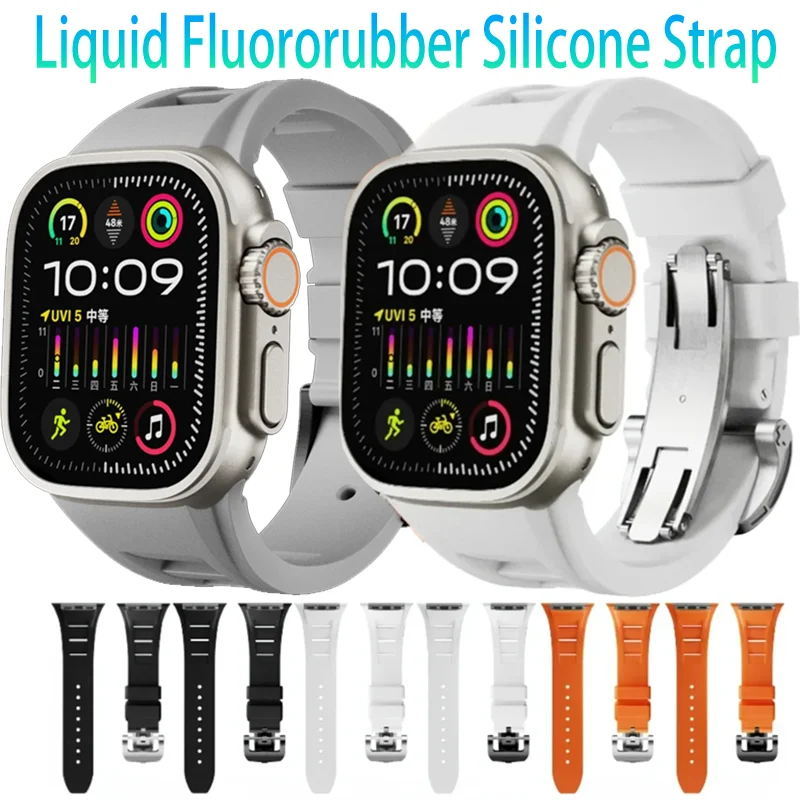 

Liquid Fluororubber Silicone Strap For Apple Watch Ultra 2 49mm 45mm 44/46mm Modification Kit Wristband iWatch 10 9 8 7 6 5 4 SE