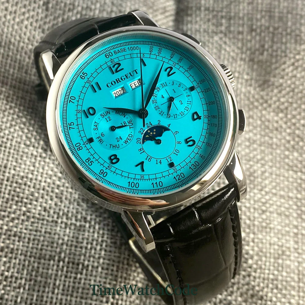 Corgeut Mannen Automatische Horloge 42Mm Dag Datum Maand Kalender Blue Dial Mechanische Horloge Dag/Nacht Lederen Band glas Terug