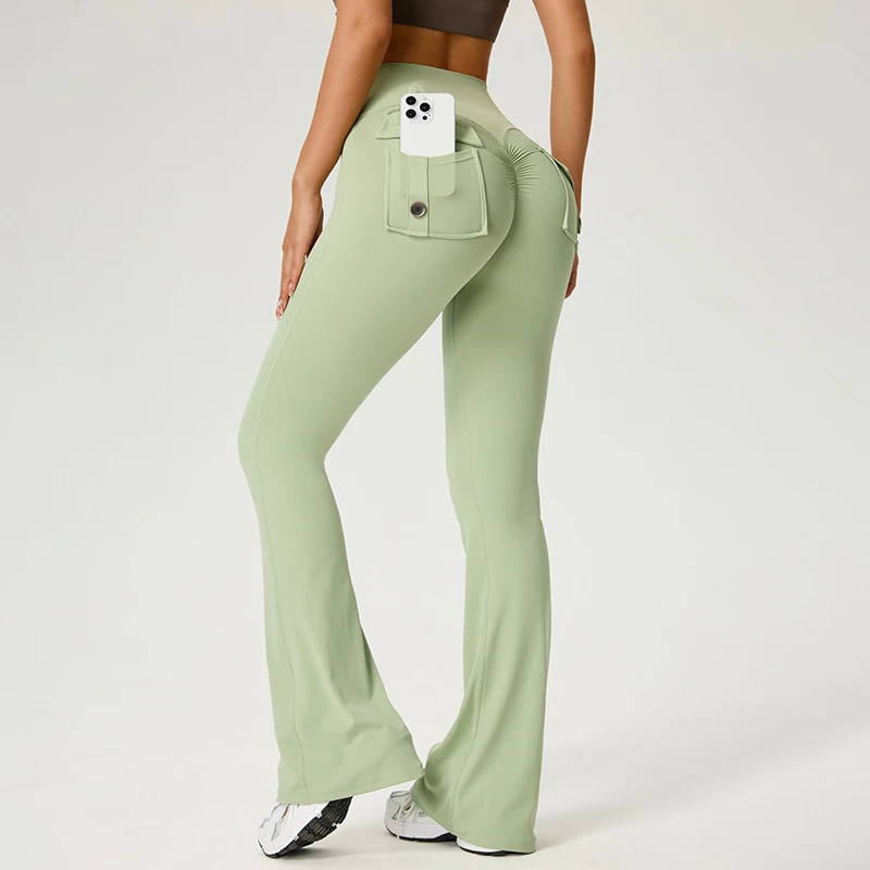 TRY TO BN ヨガパンツ ポケット付き フレア レギンス スポーツ フィットネス ハイウエスト スクランチレギンス ワークアウトパンツ ジム レディースウェア
