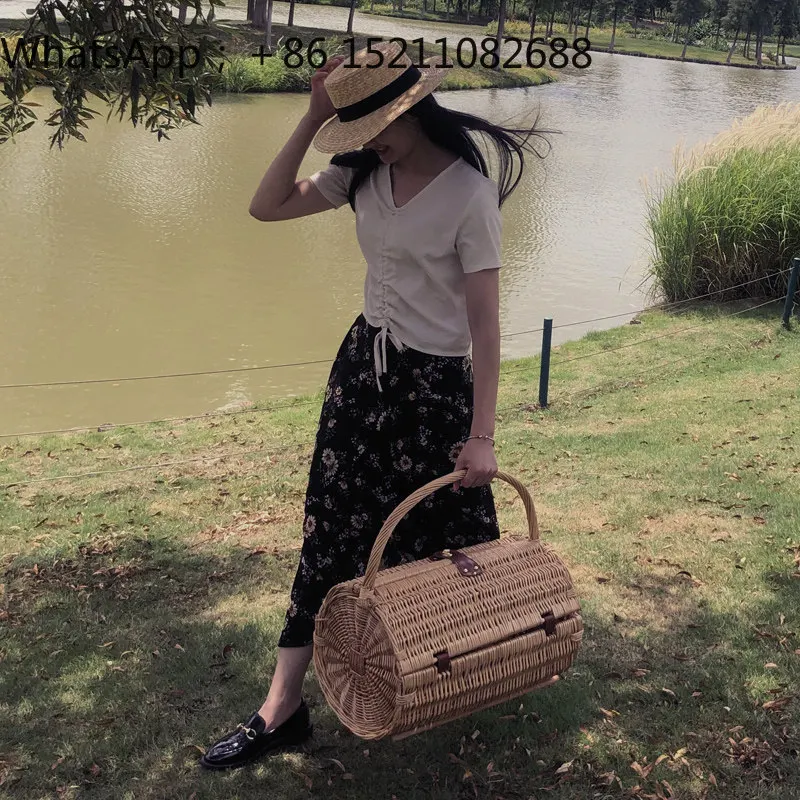 LLY Full Set of Supplies Handmade Willow Picnic Basket Rattan Picnic Basket Portable Folding Storage Camping