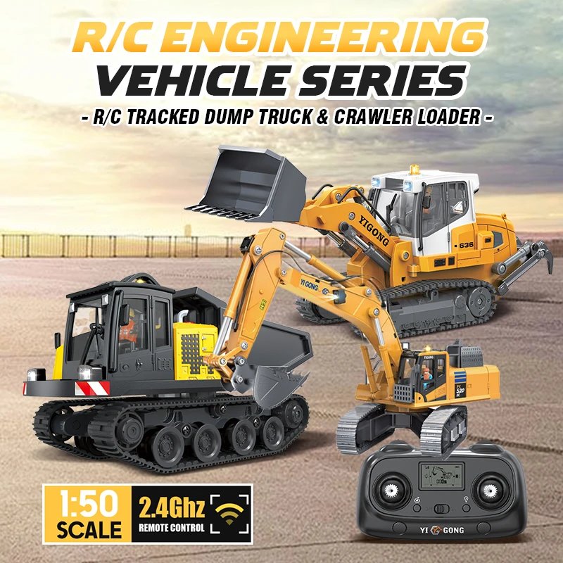 

RC Excavator 1/50 Crawel Truck Loader Electric Simulation Model Metal Track Light Sound Construction Vehicle RC Toy for Boys Gif