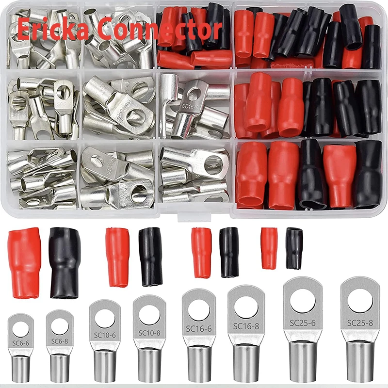 120PCS SC Electrical Terminal Cable Lug Tinned Copper Earring Terminal Sheathed Wire Connector Bare Cable Terminal 10 sizes