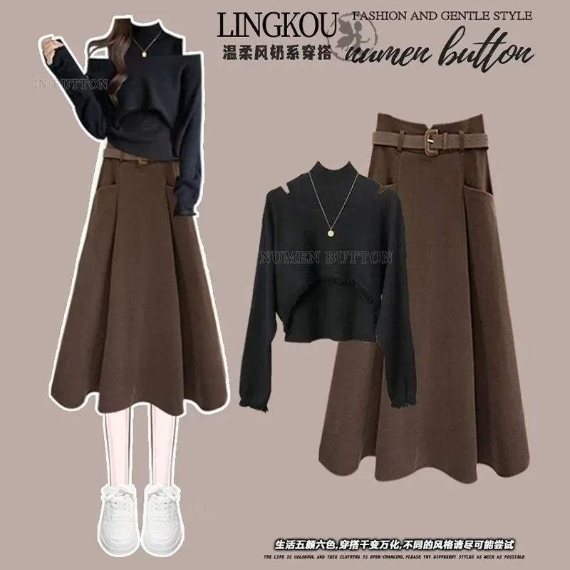 

Вязаный комплект из двух предметов для женщин, зима-осень 2022, водолазка, свитер, пуловер, юбка трапециевидной формы, уличная одежда, шикарные наряды