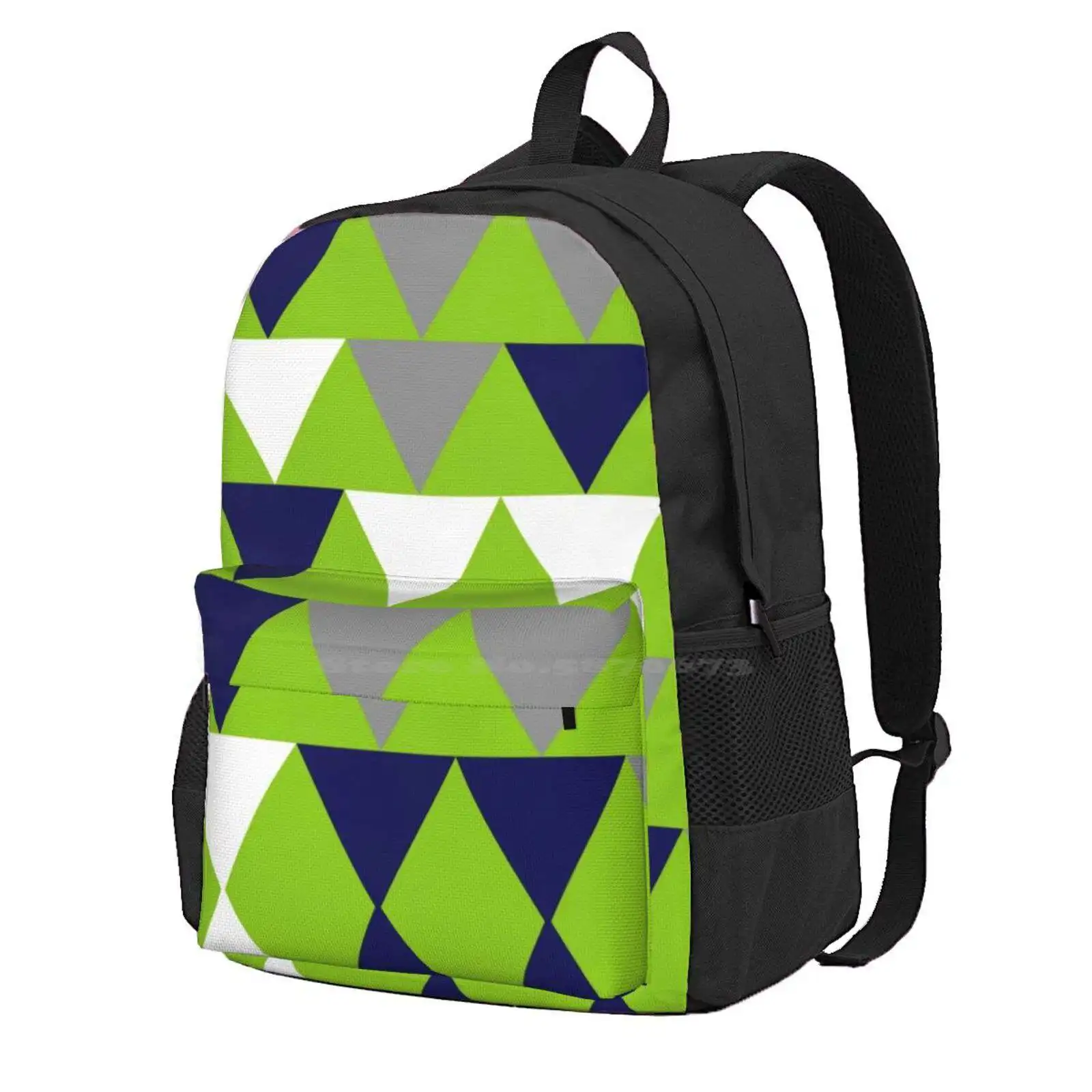 Arrows: Lime Green, Bright Navy Blue, Grey, And White Hot Sale Schoolbag Backpack Fashion Bags Geometric Triangles Patterns