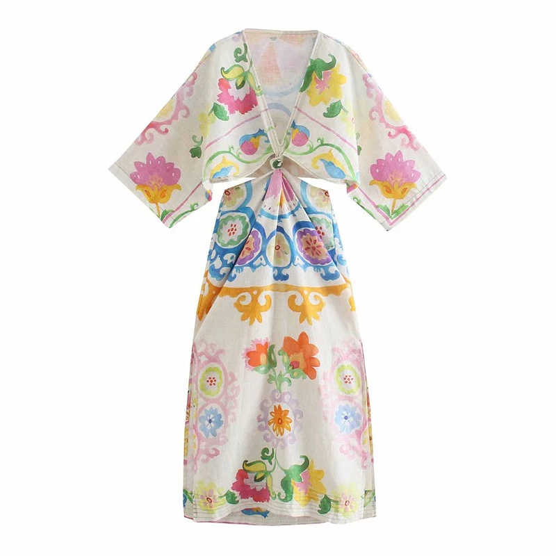 

Printed Pattern Linen Dress Hollow Out Design Dress V-Neck Elegant Batwing Sleeve Women Long Dresses Vacation Casual Beach Lady