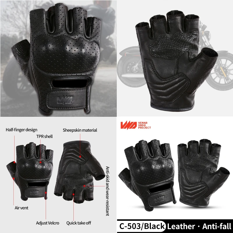 

VND Half/ Short Finger Motorcycle Summer Gloves Leather Piercings Breathable Retro Riding Biker Drop Shock Absorption Moto Guant