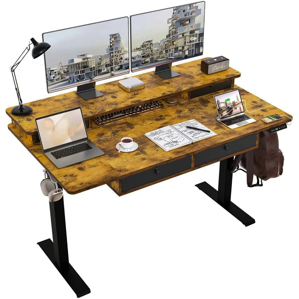 55 * 30 بوصة مكتب كهربائي متسع بارتفاع قابل للتعديل مع 4 أدراج، أرفف تخزين مزدوجة، مكتب قائم، مكتب منزلي #1
