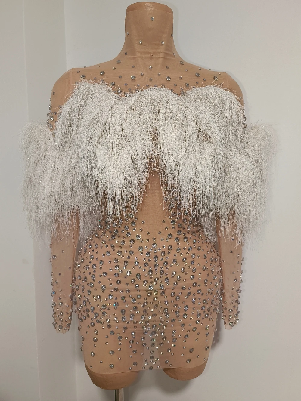 Sparkly Rhinestones Tassels Birthday Celebrate Short Dress for Women Sexy Mesh Transparent Photo Shoot Wear Pefermance Costume view 5