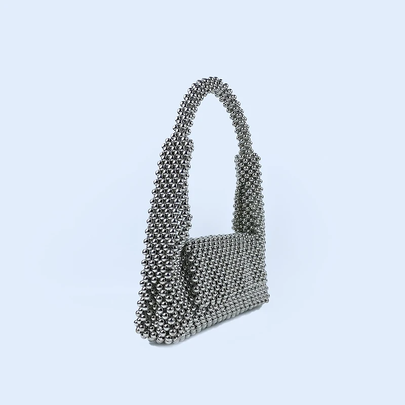 24 new niche design handbag bag silver imitation metal plating handmade glitter beaded bag is cool