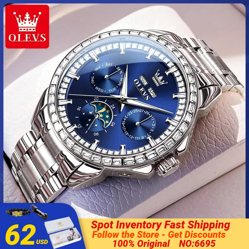 OLEVS 6695 Automatic Mechanical Men's Watches 24 Hours Moon Phase Wristwatch Luxury Brand Classic Original Watch Man