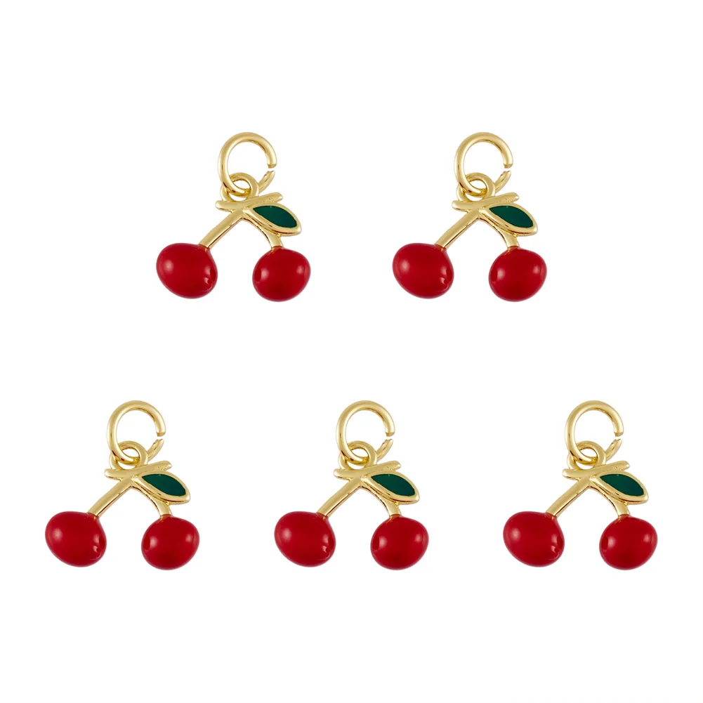 5Pcs Red Cherry Brass Enamel Charms Long-Lasting Gold Plated Pendants for Earring Bracelet Jewelry Making 11x13x5.5mm