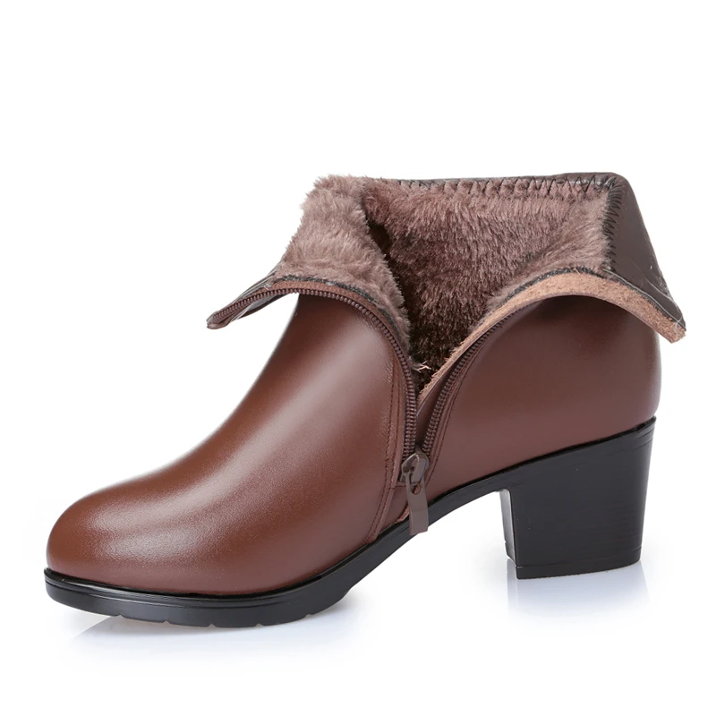 AIYUQI 2024 genuine leather Women\'s warm booties winter boots brown ladies heel boots adult fashion Villus boots