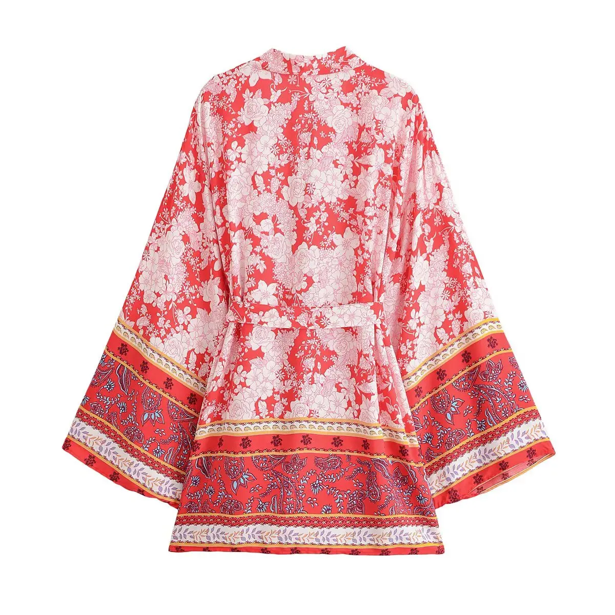 BOHO Women Contrast Color Red White Flower Print Kimono Cardigan Holiday Tide Bow Sashes Mid Long Shirt Loose Robe Beach Cape