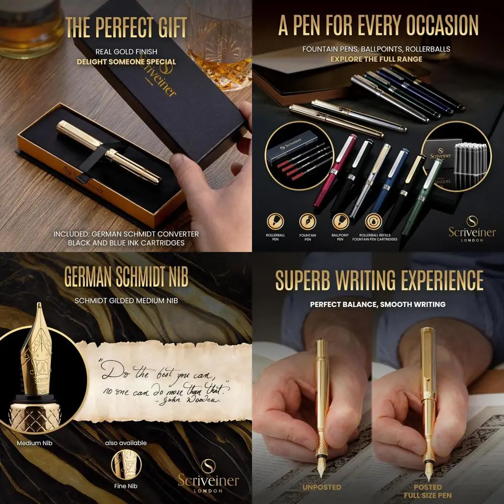 

Elegant Gold-Plated Fountain Pen - Medium Nib, German Quality, Ideal Luxury Writing Gift