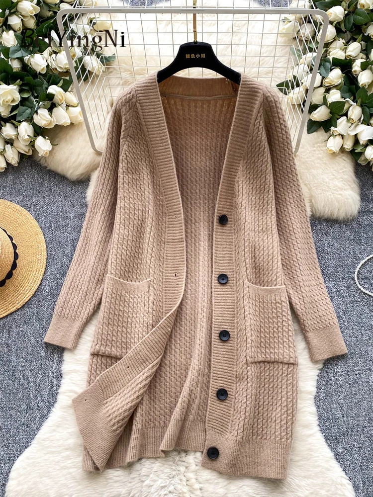 Beiyingni أنثى طويلة بالأزرار 2025 خريف شتاء واحدة الصدر معاطف طويلة المرأة عادي تريكو فضفاض أبلى معطف شتاء