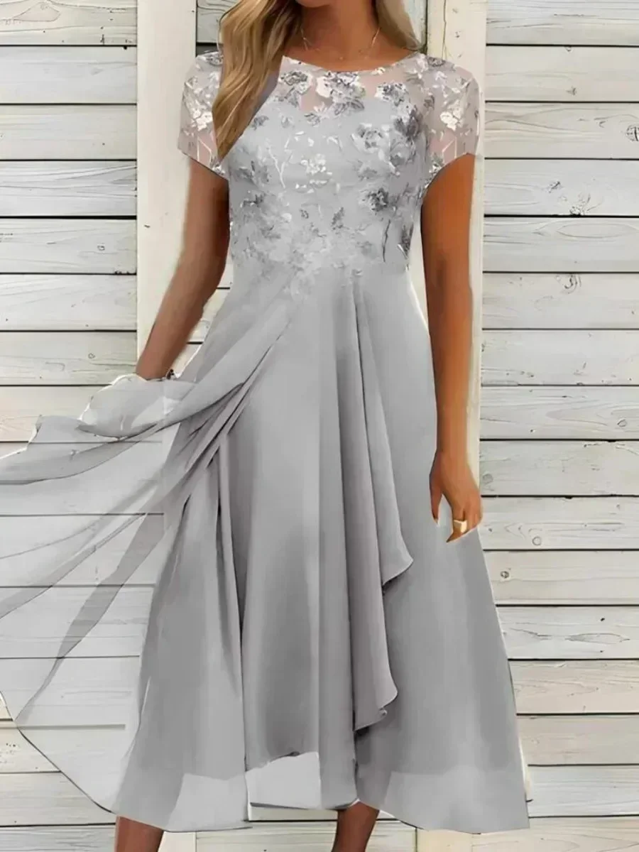 New 2024 Women\'s Lace Dress for Party Elegant Bride Wedding Dress Plus Size Jewel Neck Knee Length Chiffon Lace Long Party Dress