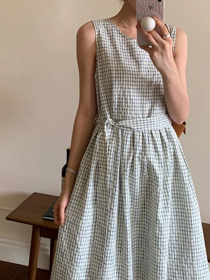 Vestido Midi Retro a Cuadros sin Mangas para Mujer, Hoado, Rejuvenecedor, con Cuello Redondo y Cinturón en la Cintura