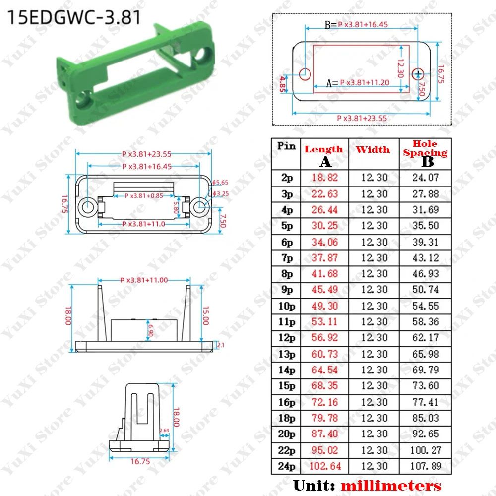 Złącze listwowe wtykowe o rastrze 3.81mm, 1-4 zestawy, model JM15EDGKM, rastr 3.81mm, 2P/3P/4P/5P/6P/8P/9P/10P/12P/16P/24P — zdjęcie produktu 5