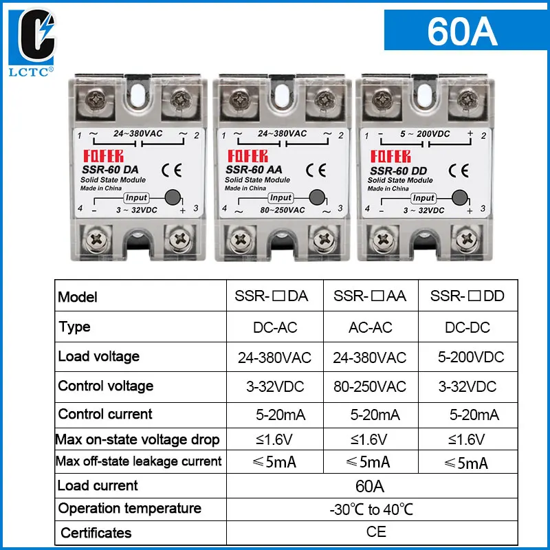LCTC 1 Stück Halbleiterrelais einphasig berührungslos SSR DC zu DC AC zu AC DC zu AC 24-380VAC 10A 25A 40A 50A 60A 80A 100A