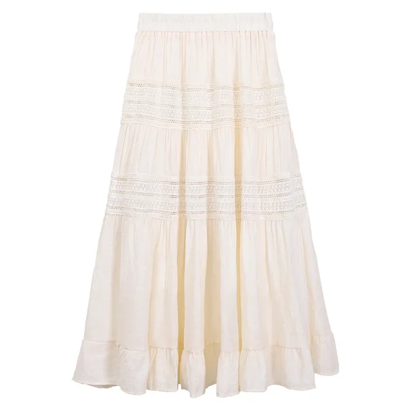 Tfetters marca 2025 verão moda saias plissadas senhoras cor sólida casual rendas oco para fora saias de comprimento médio para roupas femininas