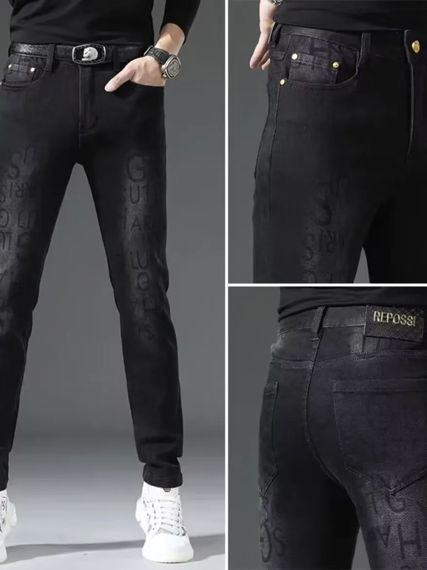 

Высококачественные корейские мужские облегающие джинсы, эластичные повседневные длинные брюки с принтом, современные ветрозащитные, износостойкие