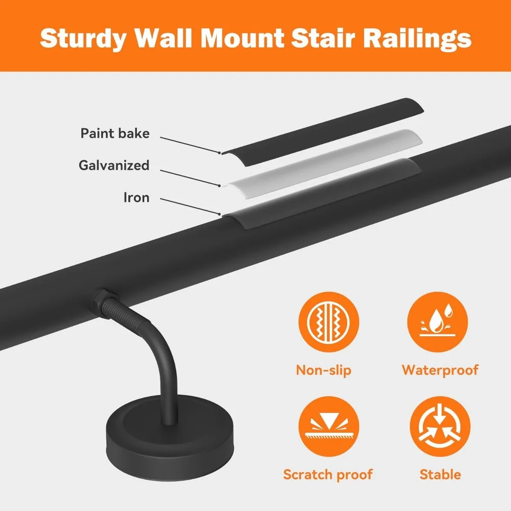 درابزين درج معدني صناعي، درابزين أنبوبي دائري للخطوات الداخلية والخارجية، دعم تثبيت على الحائط للدرج، مناسب لـ