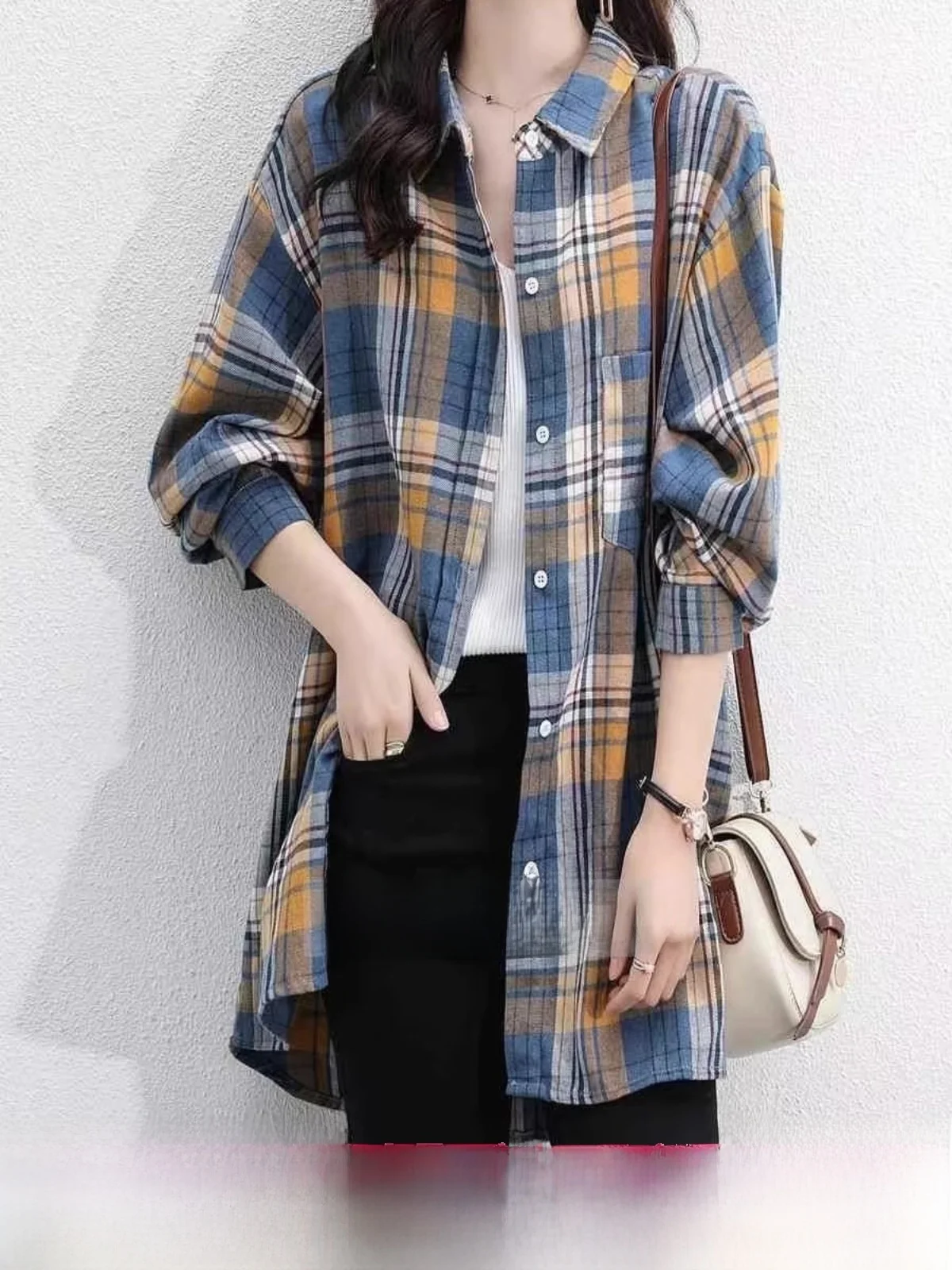 

Pure Cotton Plaid Long Sve irt Women's Mid-Length Autumn Spring Season Regular Fit Button Detail Korean Sle Office Wear