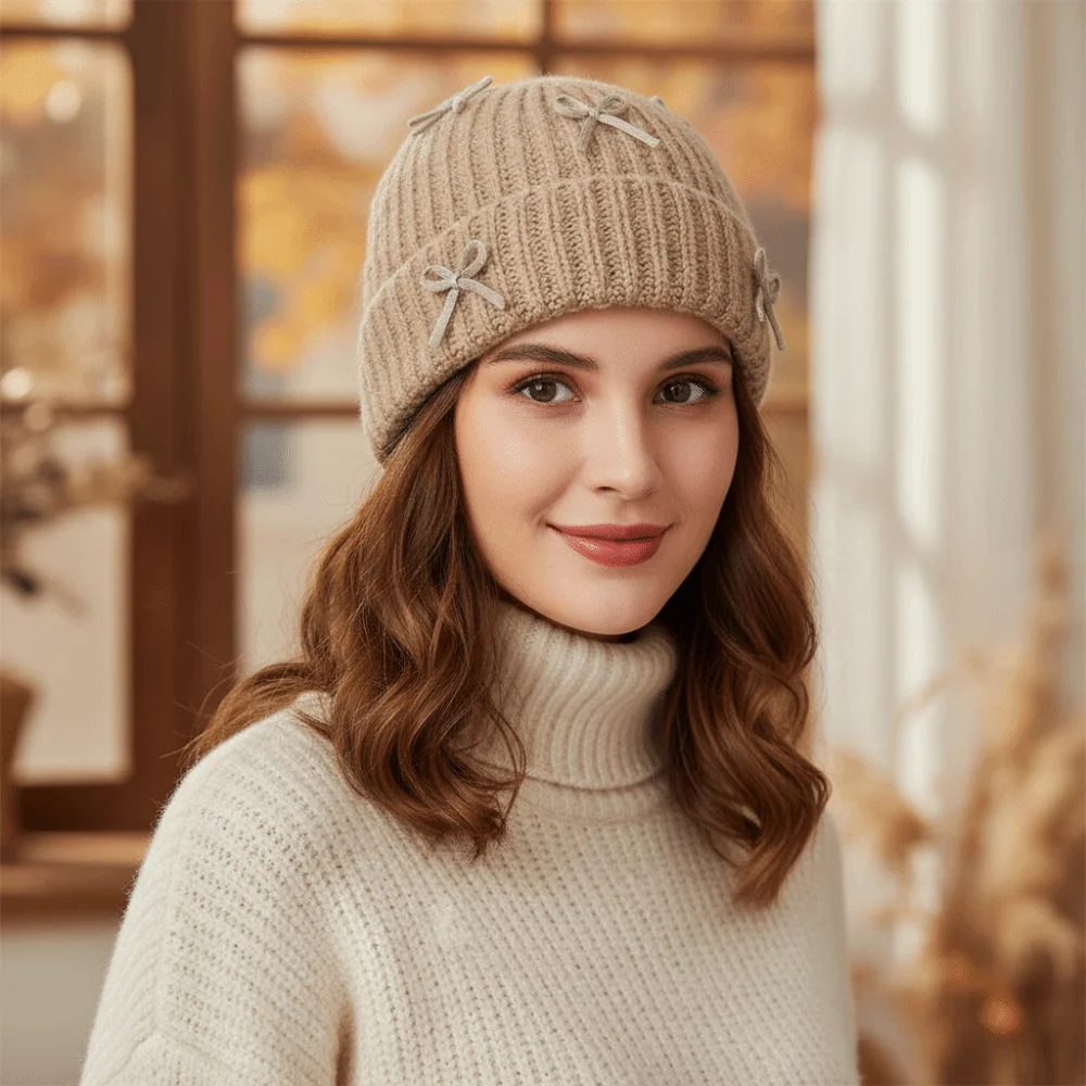 

Милая толстая вязаная шапка-бини с бантом, шерстяной пуловер в корейском стиле, однотонная теплая корейская милая шапка с бантом, осень