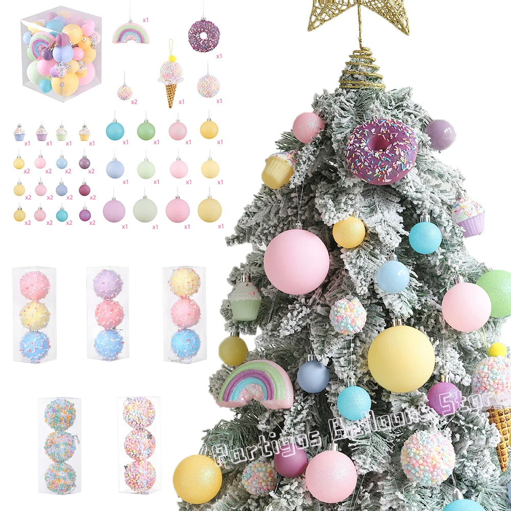 3/46Pcs/Box Macaroon Colorful Christmas Ball Foam Ice Cream Donuts Cake Rainbow Xmas Tree Balls Hanging Ornaments New Year Decor