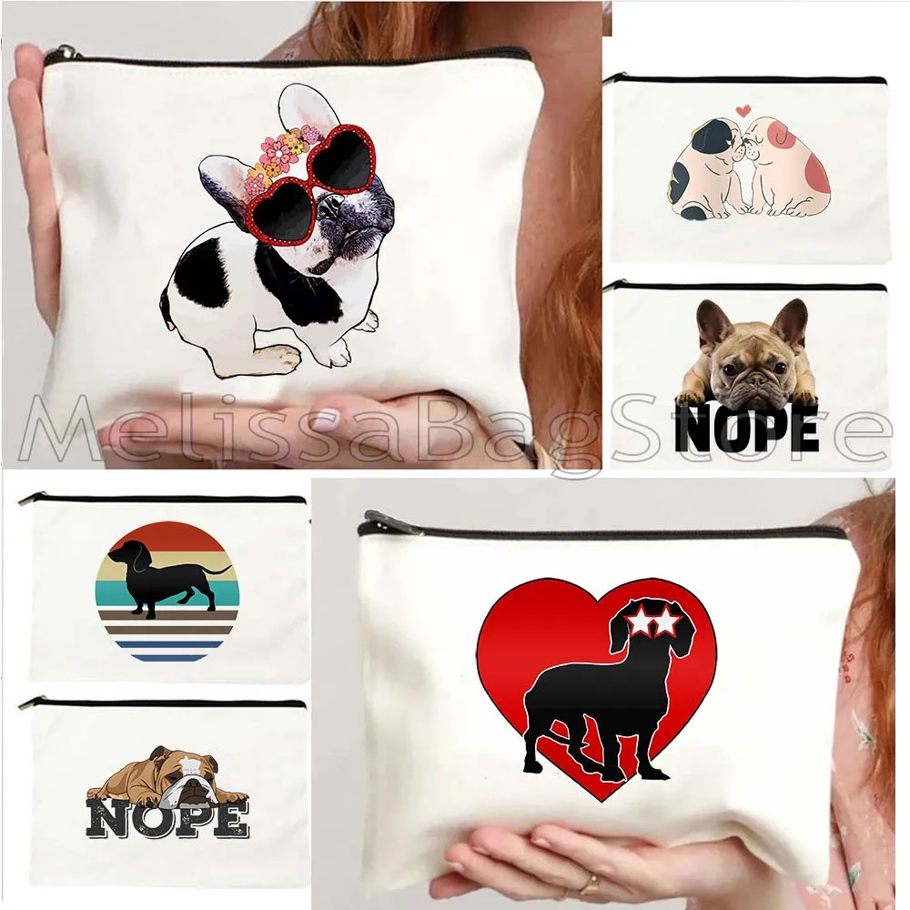 Funny Dachshund Dog Cute Heart English Bulldog Nope French Bulldog Gifts Canvas Cosmetic Makeup Bag Pencil Case Zipper Pouch